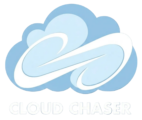 Logo of 'Cloud Chaser' with a cloud design on a blue background